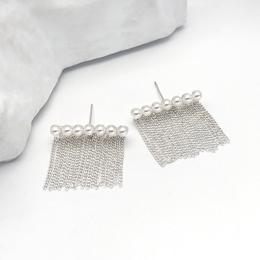 ZHONGTAI Sweet and little fresh earrings 22.6mmx22mm French minimalist style tassel earrings, pearl earrings, high-end chain tassel earrings